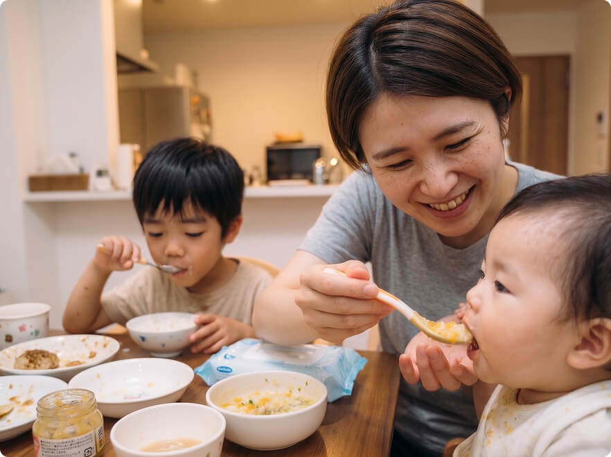 食卓で、母親が笑顔で赤ちゃんに食事をさせ、隣の席で男の子も朝食を食べている様子